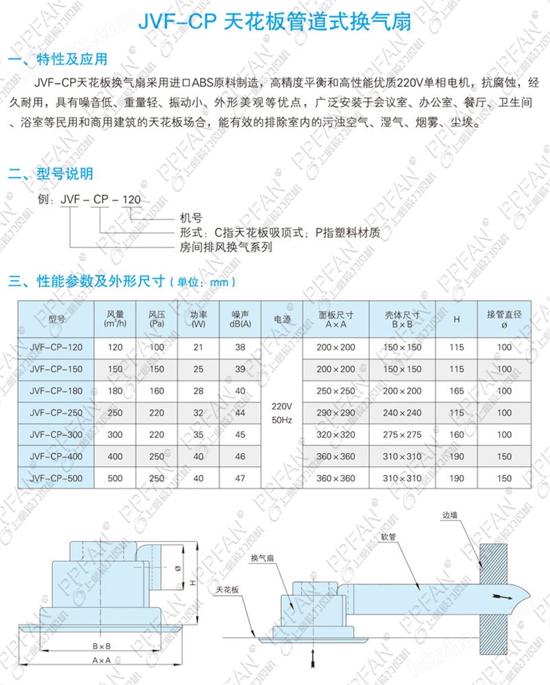 JVF-CP-250天花板管道式换气扇(图2)