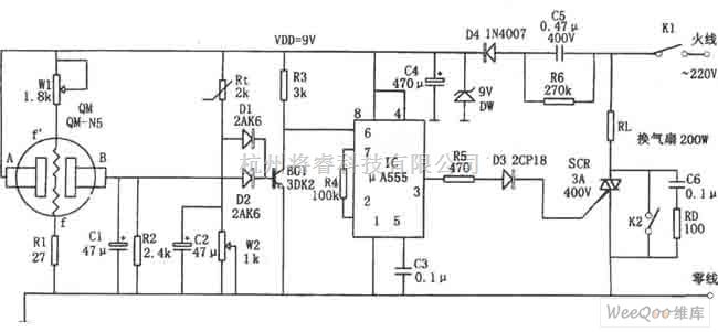 自动控制中的μA555构成的换气扇的自动控制电路图(图1)